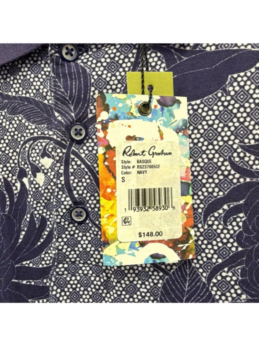 Robert Graham Basque Polo Shirt Mens Small Navy Floral Print Knit Short Sleeve - Picture 5 of 8